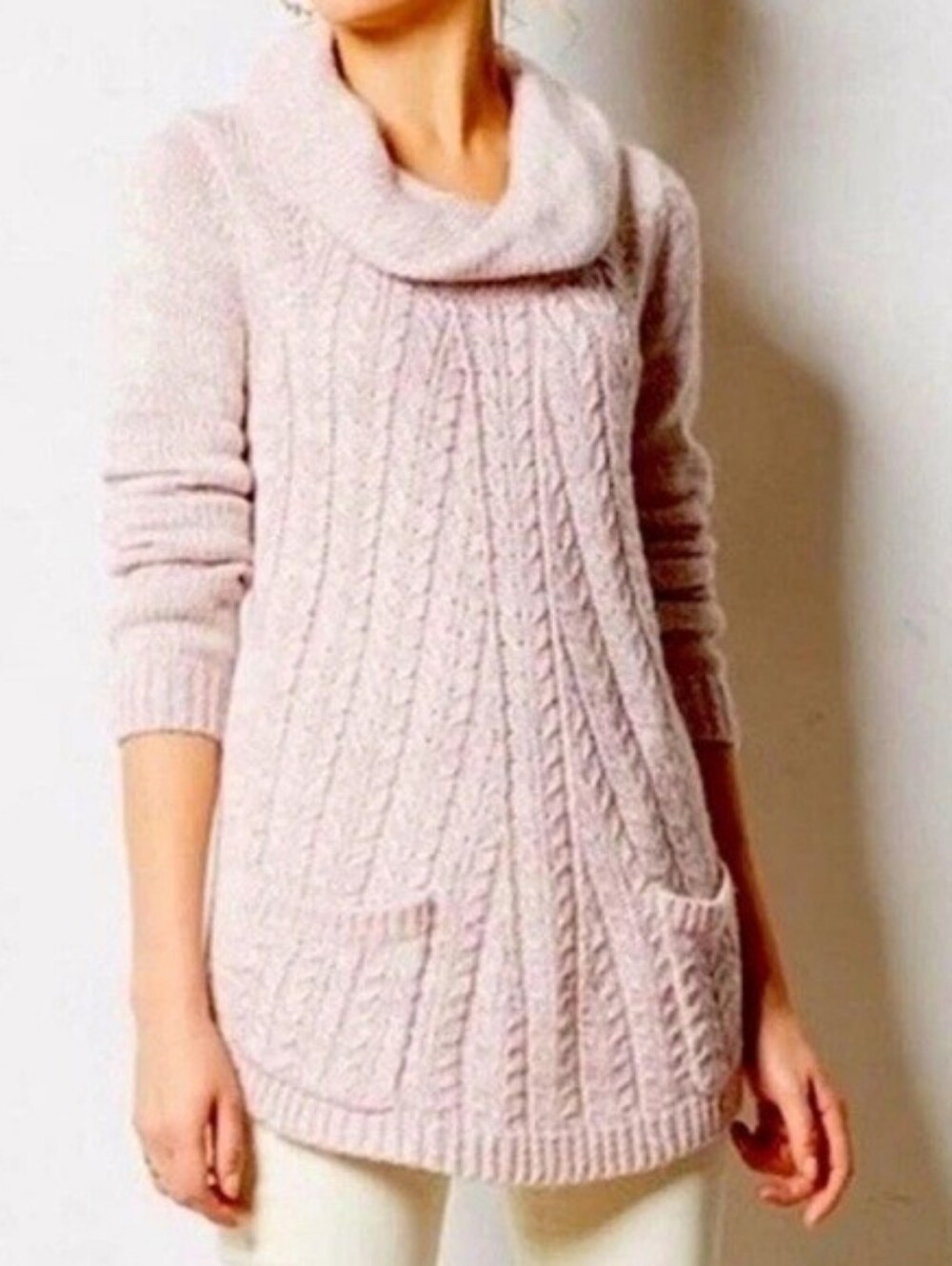Anthropologie Guinevere Light Pink Cowl Neck Cable Knit Swing Sweater Wool Blend